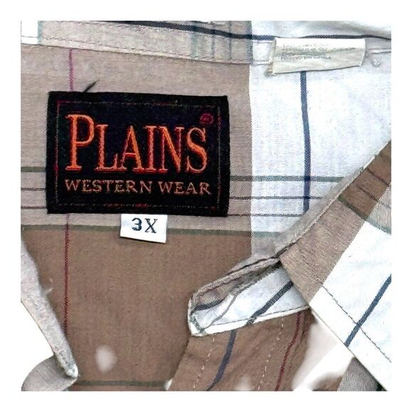 Plains Western Wear Big Man Plaid Button-Up Shirt 3X Brown & White Short Sleeve - Picture 3 of 5